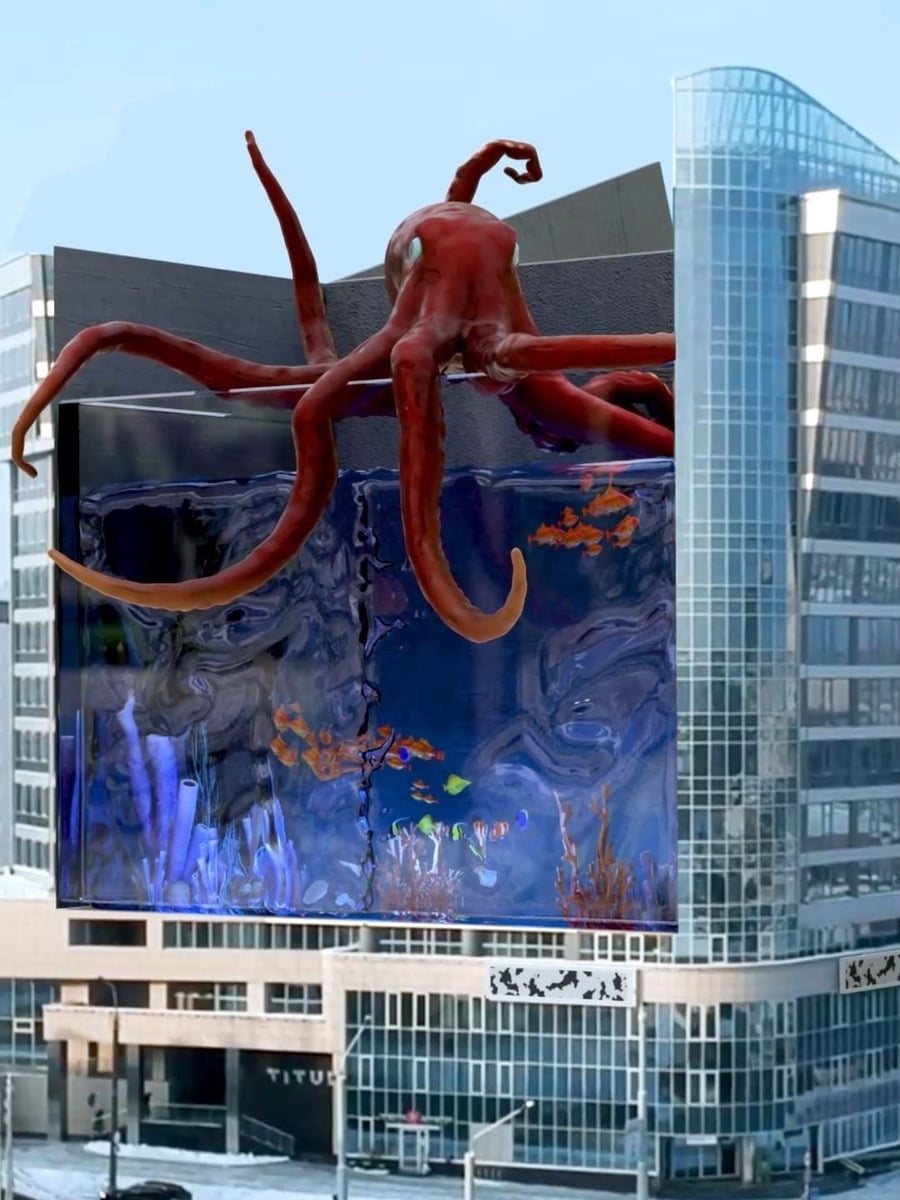 CGI octopus climbing a glass building, for Arena Animation